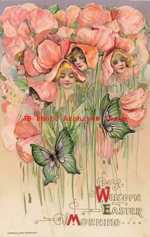 6 Postcards Set, Easter, Winsch 1910, Schmucker, Women in Flower Faces,Butterfly