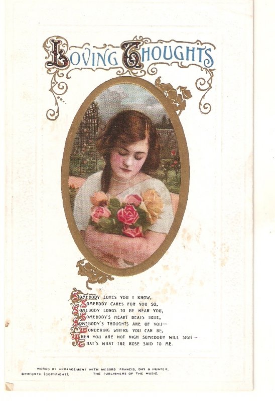 Pretty lady with roses. Loving Tho Bamforth Valentine Song  greetings  PC # 15