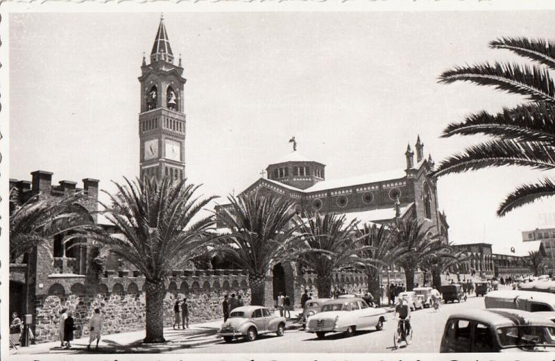 Ethiopia Asmara Africa Halle Sellassie avenue church clock tower cars real photo