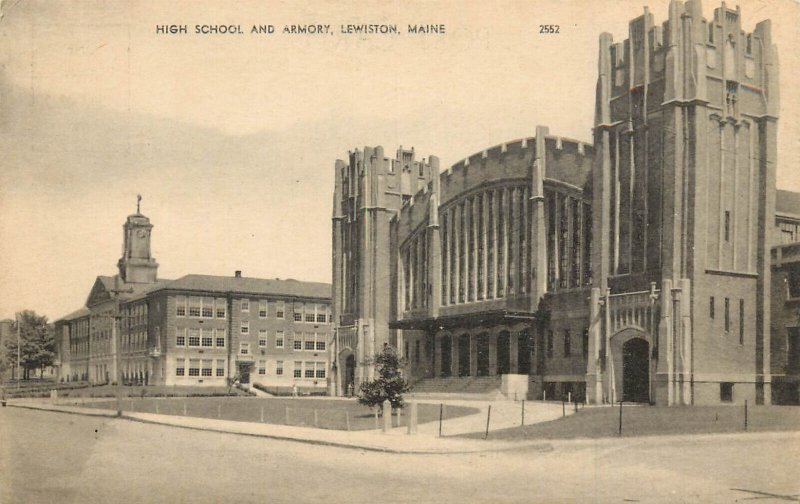 Postcard High School and Armory Lewiston Maine Androscoggin County Unposted
