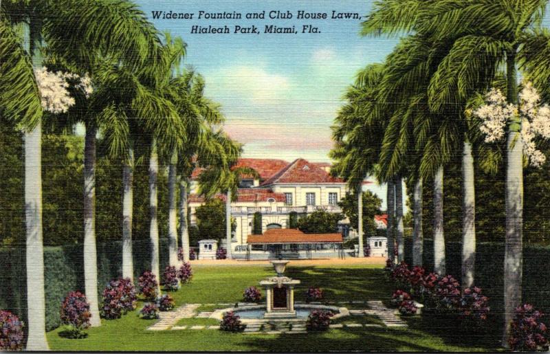 Florida Miami Hialeah Park Widener Fountain and Club House Lawn Curteich