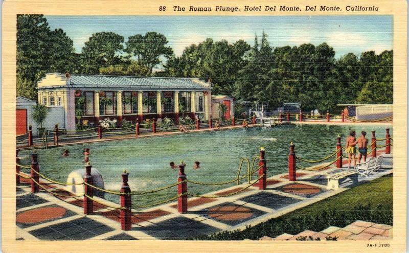 DEL MONTE, CA California The  ROMAN  PLUNGE at the HOTEL  c1940s Linen  Postcard