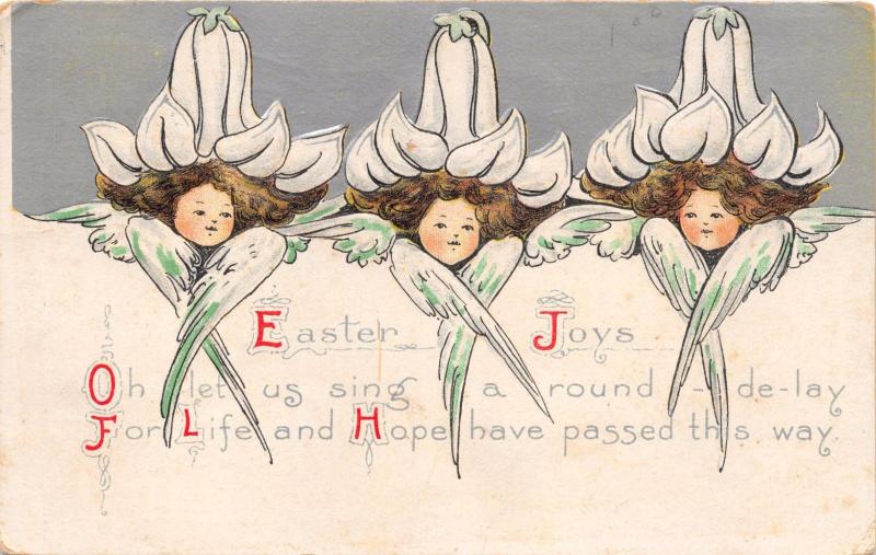 CUTE GIRL FACES BLOOMS FOR HATS & WINGS CROSSED EASTER GREETING POSTCARD c1910