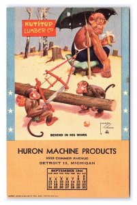 Sept. 1944 Monkey Calendar Postcard Huron Machine Products Detroit 13, Michigan