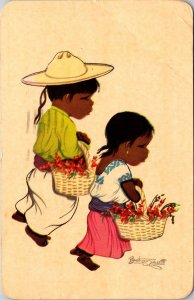 VINTAGE POSTCARD TYPICAL MEXICO - CHILDREN BASKETS OF FLOWERS MAILED D.F. 1963