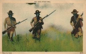 GAS ATTACK DRIL 1943 WWII VINTAGE POSTCARD gas masks rifles