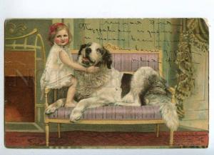 215722 Charming Girl w/ ST.BERNARD Vintage Colorful postcard