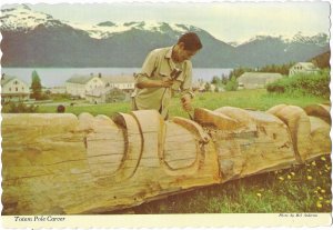 Craftsman Carving a Cedar Totem Pole an Alaska Joe Card   4 by 6