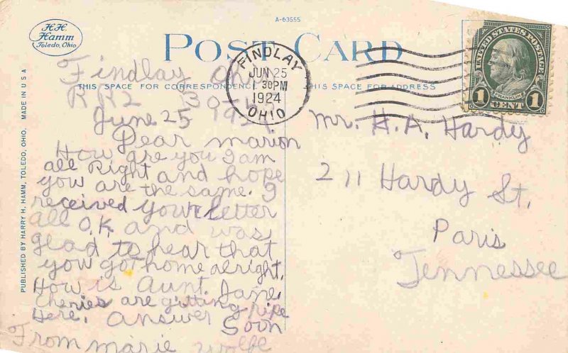 High School Findlay Ohio 1924 postcard