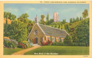 Glendale California Forest Lawn Cemetery Wee Kirk o' the Heather Linen Postcard