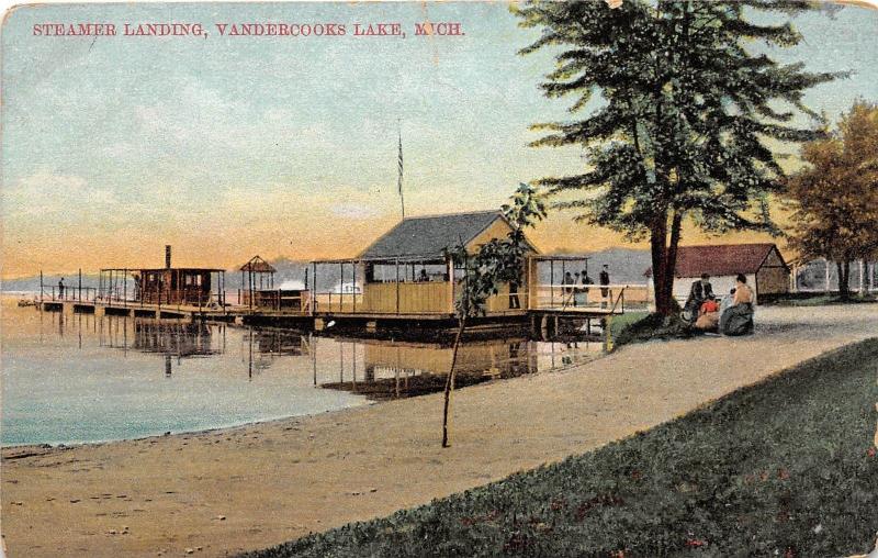 A67/ Vandercooks Lake Michigan Mi Postcard 1909 Steamer Landing Boats