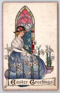 Easter  Woman Lily Flowers Stain Glass A/S MEP Margaret E Price Postcard T29