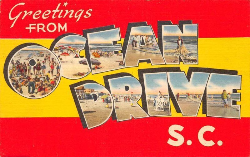 Ocean Drive South Carolina Greetings Large Letter Linen Vintage Postcard AA70966