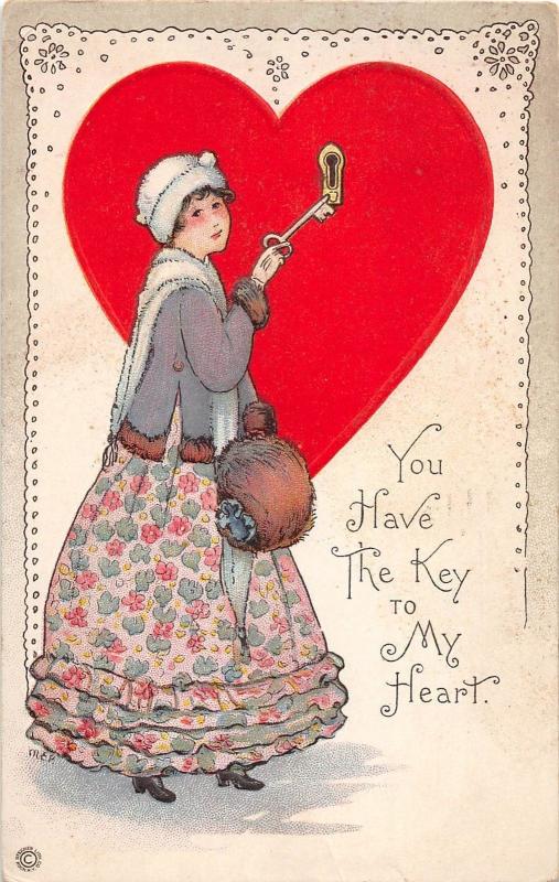 <A13> VALENTINE'S DAY Love Holiday Postcard 1917 Lansing Mi Woman Key Heart 15