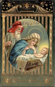 Christmas Mary Joseph Baby Jesus Gilt Inlay c1910 Gel Vintage Postcard