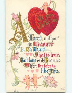 Divided-Back valentine TWO HEARTS WITH CUPIDS & FLOWERS r4181