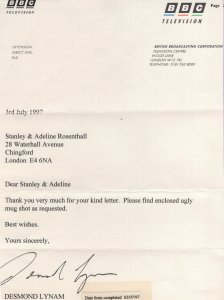Desmond Lynam My Ugly Bug Hand Signed BBC Letter