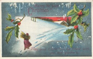 Antique 1924 Christmas Postcard Snow Scene with Holly Berries