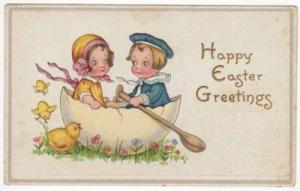 Embossed Easter Postcard Boy & Girl in an Egg Boat