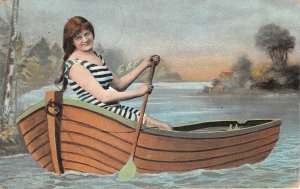 Lot 93 postcard girl in boat glamour fashin swim suit