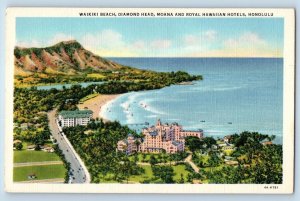 Honolulu Hawaii HI Postcard Waikiki Beach Diamond Head Moana Royal Hotels c1940