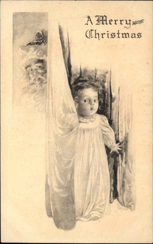 Little Girl Hides from Santa Claus Behind Curtain Christmas Vintage Postcard