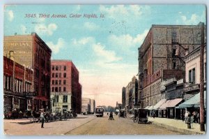 Cedar Rapids Iowa IA Postcard Third Avenue Buildings Streetcars Scene Road 1912