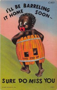 E57/ Black Americana Postcard c1940s Linen Barrel Boy 19