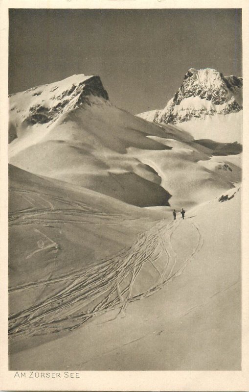 Mountaineering Austria Flexenpass am Zurser See 1912 winter scenic postcard