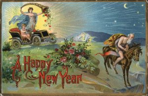 New Year Fantasy Nude Woman in Car Father Time on Horse c1910 Postcard