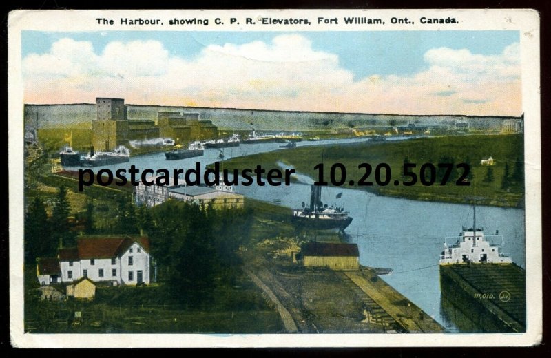 h3227 - FORT WILLIAM Ontario Postcard 1930s Harbor. CPR Elevators. Steamers