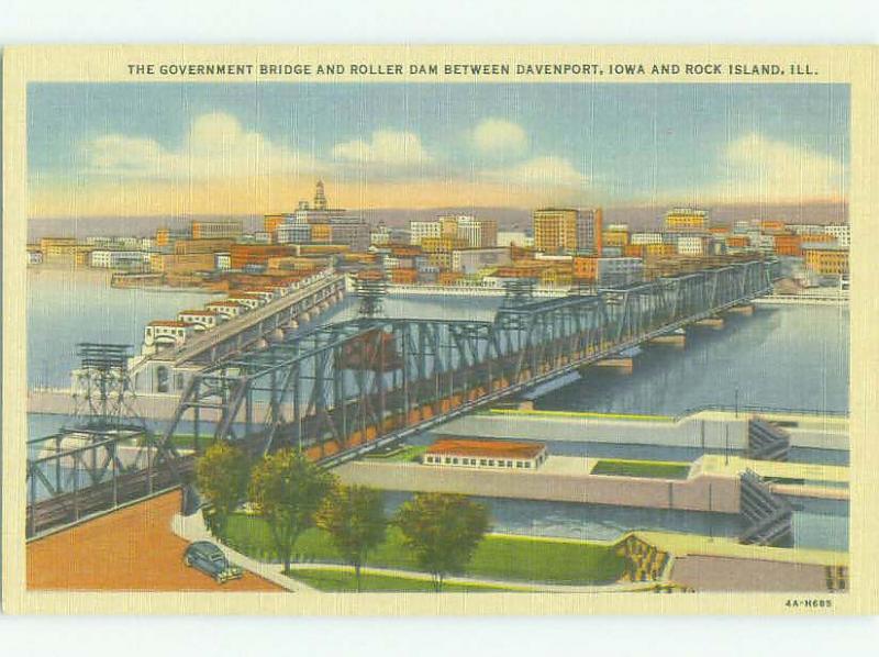 Unused Linen BRIDGE SCENE Rock Island Illinois And Davenport Iowa IA HQ9989