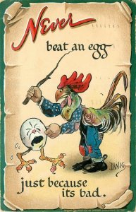 Tuck Postcard 180, A/S Dwig Rooster w/ Stick, Never Beat an Egg because it's Bad