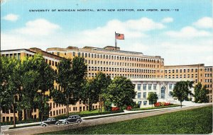 University Michigan Hospital Arbor Mich Flag Old Car 1930s Vintage Postcard DB 