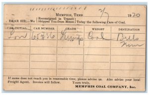 1920 Memphis Coal Company Inc. Memphis Tennessee TN Car Initial Lon Postcard