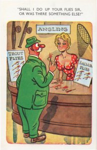 Fishing Net Angling Trout Flies Fisherman Shop Old Comic Postcard