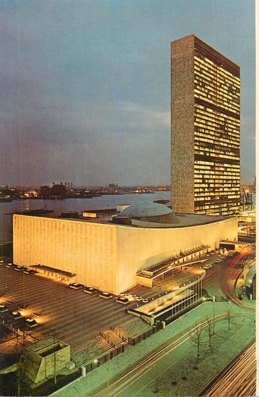 United States East River New York United Nations building at night