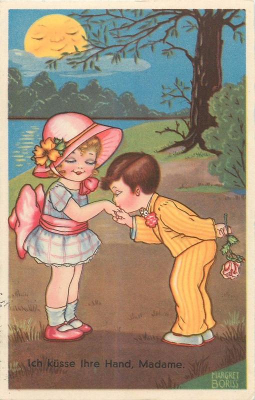 Margret Boriss signed children couple love boy kiss girl hand humanized sun face