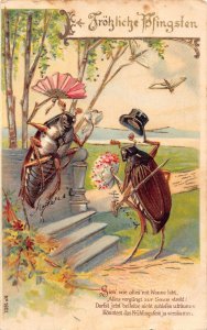 Pentecost Greetings 1903 Humanized Maybug Couple Flowers embossed postcard C318