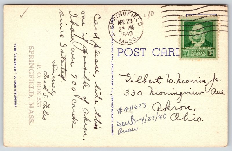 Greetings From Springfield Massachusetts~Large Letter Linen Postcard~PM 1940