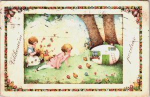 Children With Easter Egg House Vintage Postcard C180