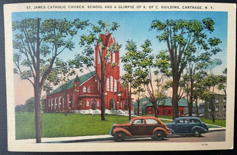 Vintage Postcard 1943 St. James Catholic Church & School Carthage NY