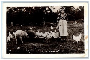 Sister Simpson Postcard RPPC Photo Feeding Animals Farm c1950's Unposted Vintage