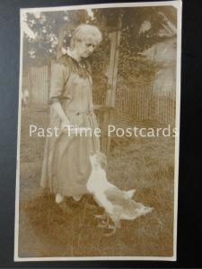 Old RP Postcard of Old Woman feeding the Goose / Geese / Gander