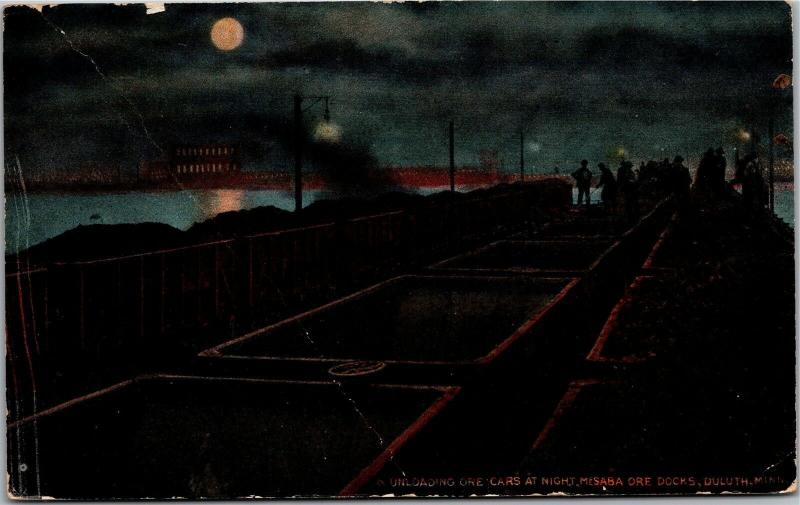 Unloading Ore Cars at Night, Mesaba Ore Docks, Duluth MN Vintage Postcard M09