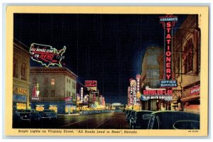 c1940 Bright Lights Virginia Street All Roads Lead Reno Nevada Vintage Postcard