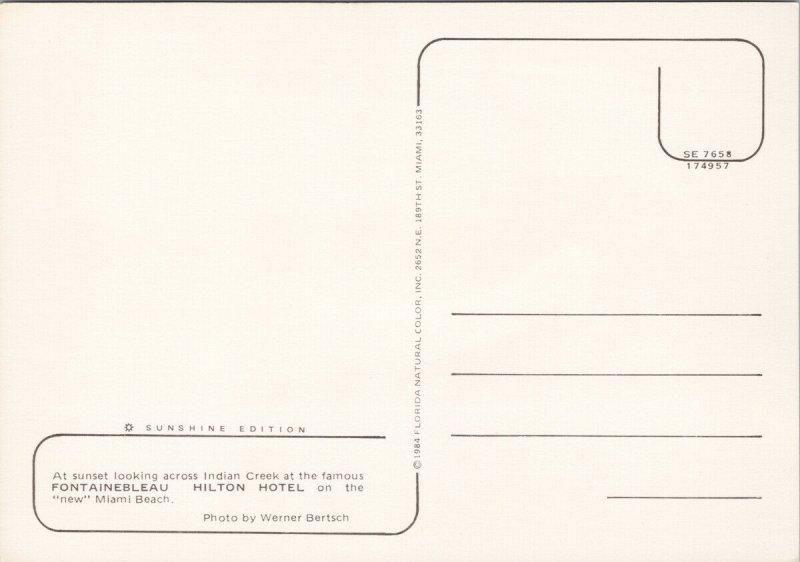 Miami Beach Florida FL Fontainebleau Hilton Hotel Unused Postcard C6 