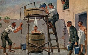 1914-18 WWI German Comical Barrel Shower on The Front Soldiers Propaganda P19