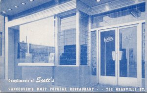 Scott's Restaurant Vancouver BC Granville St. Advertising Unused Postcard F60