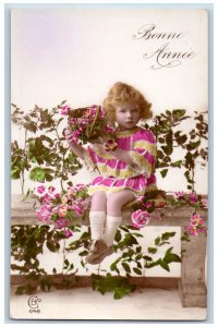 New Year Postcard RPPC Photo Bonne Annee Little Girl With Flowers In Basket